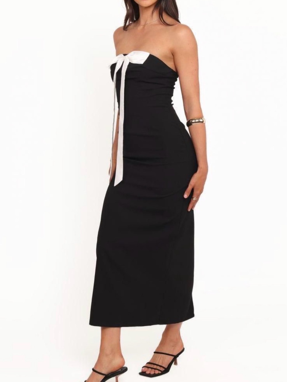 Petal & Pup Black Strapless Maxi Dress with White Bow